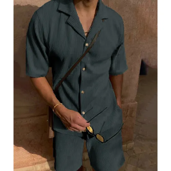 OUKU Men's Corduroy Shirt T-shirt Suits 2 Pieces Outfits Tee & Shorts Short Sleeve Lapel Summer Plain Fashion Casual 2 Piece Vacation Daily Wear Going out Black Pink Blue Top Tee for Men