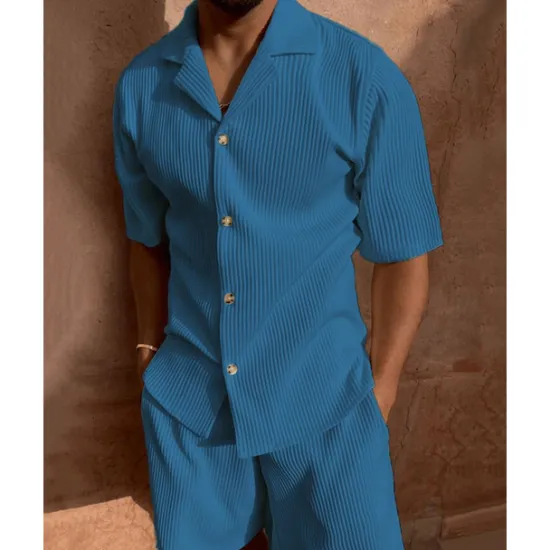 OUKU Men's Corduroy Shirt T-shirt Suits 2 Pieces Outfits Tee & Shorts Short Sleeve Lapel Summer Plain Fashion Casual 2 Piece Vacation Daily Wear Going out Black Pink Blue Top Tee for Men