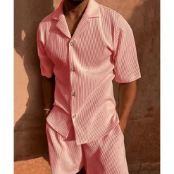 OUKU Men's Corduroy Shirt T-shirt Suits 2 Pieces Outfits Tee & Shorts Short Sleeve Lapel Summer Plain Fashion Casual 2 Piece Vacation Daily Wear Going out Black Pink Blue Top Tee for Men