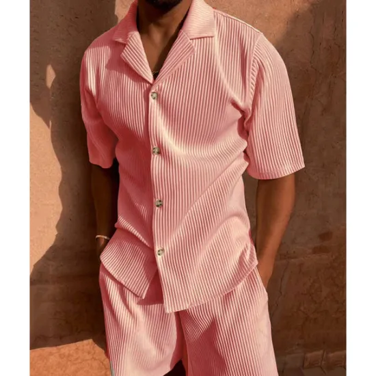 OUKU Men's Corduroy Shirt T-shirt Suits 2 Pieces Outfits Tee & Shorts Short Sleeve Lapel Summer Plain Fashion Casual 2 Piece Vacation Daily Wear Going out Black Pink Blue Top Tee for Men