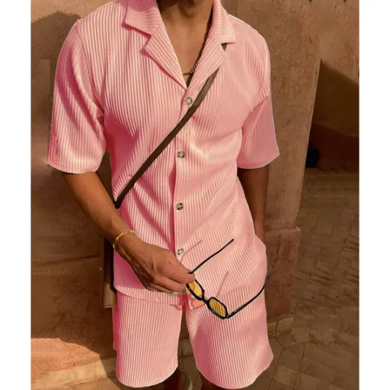 OUKU Men's Corduroy Shirt T-shirt Suits 2 Pieces Outfits Tee & Shorts Short Sleeve Lapel Summer Plain Fashion Casual 2 Piece Vacation Daily Wear Going out Black Pink Blue Top Tee for Men