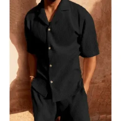 OUKU Men's Corduroy Shirt T-shirt Suits 2 Pieces Outfits Tee & Shorts Short Sleeve Lapel Summer Plain Fashion Casual 2 Piece Vacation Daily Wear Going out Black Pink Blue Top Tee for Men