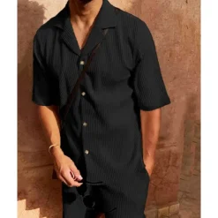 OUKU Men's Corduroy Shirt T-shirt Suits 2 Pieces Outfits Tee & Shorts Short Sleeve Lapel Summer Plain Fashion Casual 2 Piece Vacation Daily Wear Going out Black Pink Blue Top Tee for Men