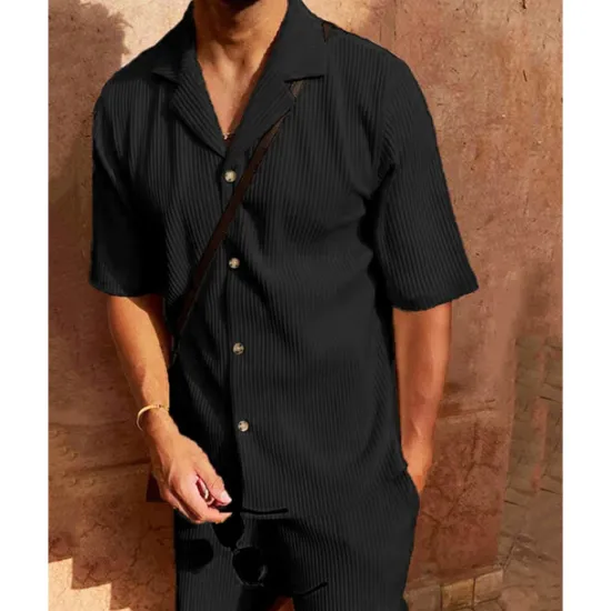 OUKU Men's Corduroy Shirt T-shirt Suits 2 Pieces Outfits Tee & Shorts Short Sleeve Lapel Summer Plain Fashion Casual 2 Piece Vacation Daily Wear Going out Black Pink Blue Top Tee for Men