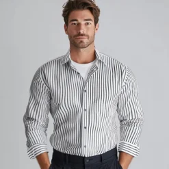 Clearance OUKU Men's Cotton Long Sleeve Striped Fold-over Collar School Formal Clothing Apparel Elegant Active Vacation Vintage Black