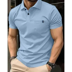 New OUKU Men's Cotton Blend Polo Shirt Golf Shirt Casual Holiday Ribbed Polo Collar Short Sleeve Fashion Basic Solid Color Patchwork Pocket Summer Regular Fit Light Blue Black White Yellow Royal Blue Cotton