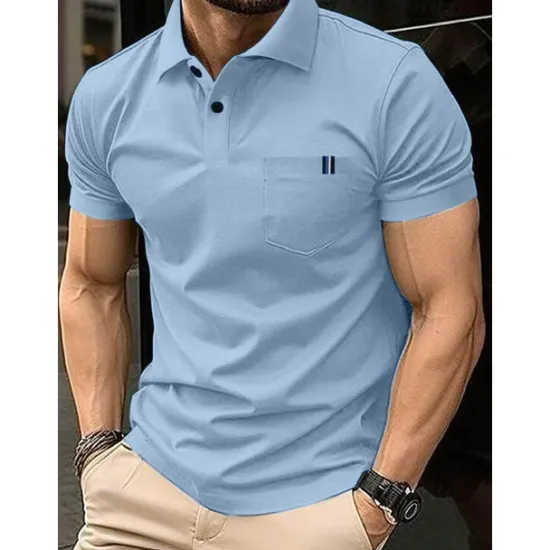 New OUKU Men's Cotton Blend Polo Shirt Golf Shirt Casual Holiday Ribbed Polo Collar Short Sleeve Fashion Basic Solid Color Patchwork Pocket Summer Regular Fit Light Blue Black White Yellow Royal Blue Cotton