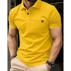 New OUKU Men's Cotton Blend Polo Shirt Golf Shirt Casual Holiday Ribbed Polo Collar Short Sleeve Fashion Basic Solid Color Patchwork Pocket Summer Regular Fit Light Blue Black White Yellow Royal Blue Cotton