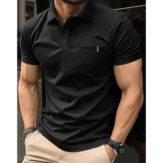 New OUKU Men's Cotton Blend Polo Shirt Golf Shirt Casual Holiday Ribbed Polo Collar Short Sleeve Fashion Basic Solid Color Patchwork Pocket Summer Regular Fit Light Blue Black White Yellow Royal Blue Cotton