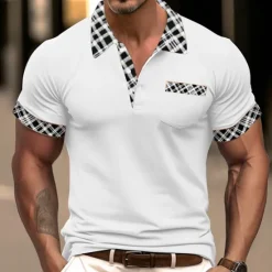 OUKU Men's Cotton Blend Polo Shirt Golf Shirt Casual Holiday Lapel Short Sleeve Fashion Basic Houndstooth Plaid / Check Patchwork Pocket Summer Regular Fit Dark Grey White Sky Blue Orange Khaki Cotton