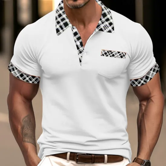 OUKU Men's Cotton Blend Polo Shirt Golf Shirt Casual Holiday Lapel Short Sleeve Fashion Basic Houndstooth Plaid / Check Patchwork Pocket Summer Regular Fit Dark Grey White Sky Blue Orange Khaki Cotton
