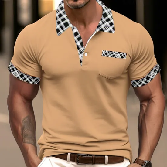 OUKU Men's Cotton Blend Polo Shirt Golf Shirt Casual Holiday Lapel Short Sleeve Fashion Basic Houndstooth Plaid / Check Patchwork Pocket Summer Regular Fit Dark Grey White Sky Blue Orange Khaki Cotton