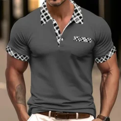 OUKU Men's Cotton Blend Polo Shirt Golf Shirt Casual Holiday Lapel Short Sleeve Fashion Basic Houndstooth Plaid / Check Patchwork Pocket Summer Regular Fit Dark Grey White Sky Blue Orange Khaki Cotton