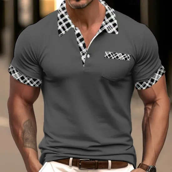 OUKU Men's Cotton Blend Polo Shirt Golf Shirt Casual Holiday Lapel Short Sleeve Fashion Basic Houndstooth Plaid / Check Patchwork Pocket Summer Regular Fit Dark Grey White Sky Blue Orange Khaki Cotton
