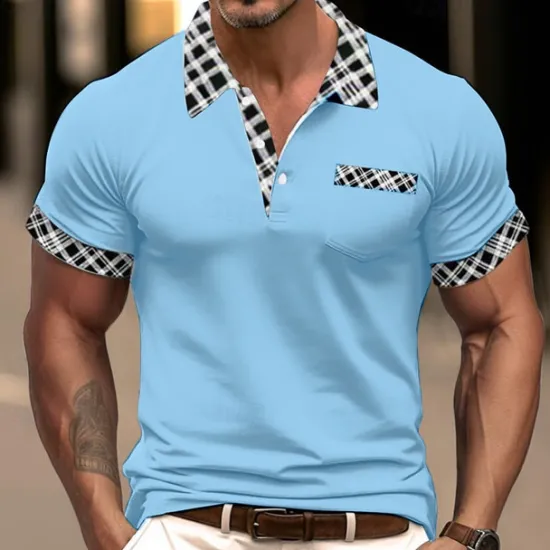 OUKU Men's Cotton Blend Polo Shirt Golf Shirt Casual Holiday Lapel Short Sleeve Fashion Basic Houndstooth Plaid / Check Patchwork Pocket Summer Regular Fit Dark Grey White Sky Blue Orange Khaki Cotton