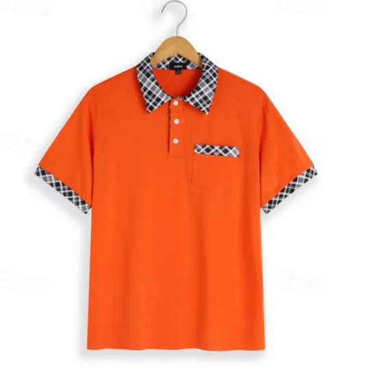 OUKU Men's Cotton Blend Polo Shirt Golf Shirt Casual Holiday Lapel Short Sleeve Fashion Basic Houndstooth Plaid / Check Patchwork Pocket Summer Regular Fit Dark Grey White Sky Blue Orange Khaki Cotton