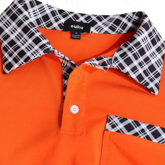 OUKU Men's Cotton Blend Polo Shirt Golf Shirt Casual Holiday Lapel Short Sleeve Fashion Basic Houndstooth Plaid / Check Patchwork Pocket Summer Regular Fit Dark Grey White Sky Blue Orange Khaki Cotton