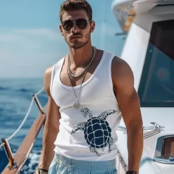 OUKU Men's 100%Cotton 3D Print Tank Top Graphic Fashion Outdoor Casual Vest Top Undershirt Street Casual Daily T shirt White Blue Sleeveless Crew Neck Shirt Spring & Summer Clothing Apparel