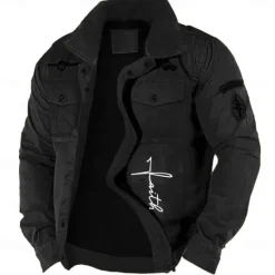 OUKU Men's Cotton Embroidered Military Jacket Cargo Jacket with Shoulder Straps Long Sleeve Standing Collar Multi-Pockets Coat Trucker Jacket Faith Letter Print Tactical Outerwear