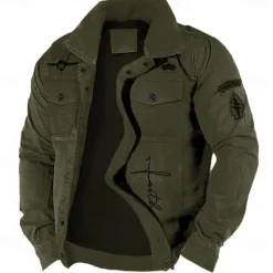 OUKU Men's Cotton Embroidered Military Jacket Cargo Jacket with Shoulder Straps Long Sleeve Standing Collar Multi-Pockets Coat Trucker Jacket Faith Letter Print Tactical Outerwear