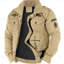 OUKU Men's Cotton Embroidered Military Jacket Cargo Jacket with Shoulder Straps Long Sleeve Standing Collar Multi-Pockets Coat Trucker Jacket Faith Letter Print Tactical Outerwear