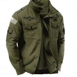 OUKU Men's Cotton Embroidered Military Jacket with Shoulder Straps Long Sleeve Standing Collar Multi-Pockets Trucker Jacket US Flag Print Tactical Outerwear