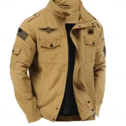 OUKU Men's Cotton Embroidered Military Jacket with Shoulder Straps Long Sleeve Standing Collar Multi-Pockets Trucker Jacket US Flag Print Tactical Outerwear