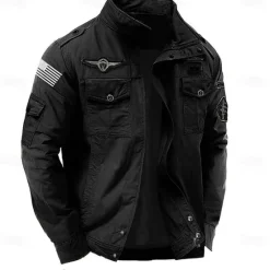 OUKU Men's Cotton Embroidered Military Jacket with Shoulder Straps Long Sleeve Standing Collar Multi-Pockets Trucker Jacket US Flag Print Tactical Outerwear