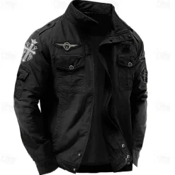 Online OUKU Men's Cotton Embroidered Military Jacket Windbreaker with Shoulder Straps Long Sleeve Standing Collar Multi-Pockets Trucker Jacket Cross Print Tactical Outerwear