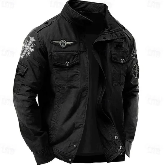 Online OUKU Men's Cotton Embroidered Military Jacket Windbreaker with Shoulder Straps Long Sleeve Standing Collar Multi-Pockets Trucker Jacket Cross Print Tactical Outerwear