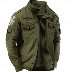 Online OUKU Men's Cotton Embroidered Military Jacket Windbreaker with Shoulder Straps Long Sleeve Standing Collar Multi-Pockets Trucker Jacket Cross Print Tactical Outerwear