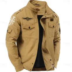 Online OUKU Men's Cotton Embroidered Military Jacket Windbreaker with Shoulder Straps Long Sleeve Standing Collar Multi-Pockets Trucker Jacket Cross Print Tactical Outerwear