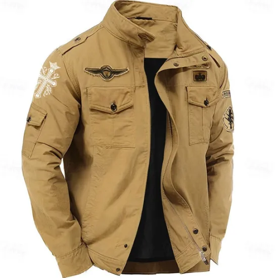 Online OUKU Men's Cotton Embroidered Military Jacket Windbreaker with Shoulder Straps Long Sleeve Standing Collar Multi-Pockets Trucker Jacket Cross Print Tactical Outerwear