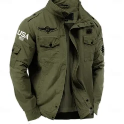 Hot OUKU Men's Cotton Embroidered Military Jacket Windbreaker with Shoulder Straps Long Sleeve Standing Collar Multi-Pockets Trucker Jacket USA Flag Print Tactical Outerwear