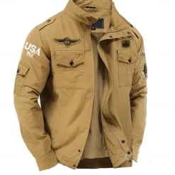 Hot OUKU Men's Cotton Embroidered Military Jacket Windbreaker with Shoulder Straps Long Sleeve Standing Collar Multi-Pockets Trucker Jacket USA Flag Print Tactical Outerwear