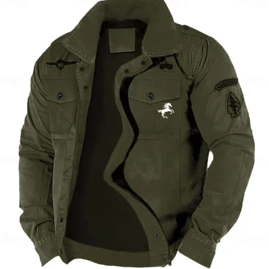 Clearance OUKU Men's Cotton Embroidered Military Jacket Cargo Jacket with Shoulder Straps Long Sleeve Standing Collar Multi-Pockets Coat Trucker Jacket Animal Horse Print Tactical Outerwear