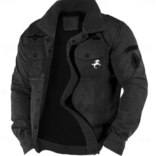 Clearance OUKU Men's Cotton Embroidered Military Jacket Cargo Jacket with Shoulder Straps Long Sleeve Standing Collar Multi-Pockets Coat Trucker Jacket Animal Horse Print Tactical Outerwear