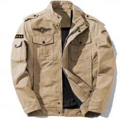 Best OUKU Men's Cotton Embroidered Military Jacket Cargo Jacket with Shoulder Straps Long Sleeve Standing Collar Multi-Pockets Coat Trucker Jacket Star Print Tactical Outerwear