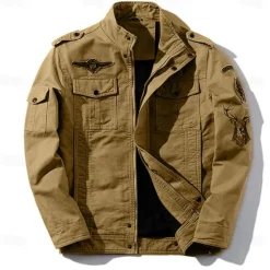 Outlet OUKU Men's Cotton Embroidered Military Jacket Cargo Jacket with Shoulder Straps Long Sleeve Standing Collar Multi-Pockets Coat Trucker Jacket Christmas Reindeer Print Tactical Outerwear