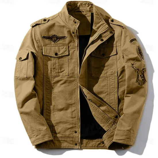 Outlet OUKU Men's Cotton Embroidered Military Jacket Cargo Jacket with Shoulder Straps Long Sleeve Standing Collar Multi-Pockets Coat Trucker Jacket Christmas Reindeer Print Tactical Outerwear
