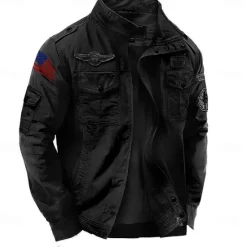 Clearance OUKU Men's Cotton Embroidered Military Jacket Windbreaker with Shoulder Straps Long Sleeve Standing Collar Multi-Pockets Trucker Jacket American US Flag Print Tactical Outerwear