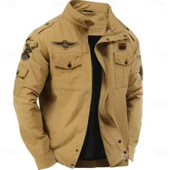 Hot OUKU Men's Cotton Embroidered Military Jacket Windbreaker with Shoulder Straps Long Sleeve Standing Collar Multi-Pockets Trucker Jacket Reindeer Print Tactical Outerwear