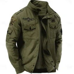 Hot OUKU Men's Cotton Embroidered Military Jacket Windbreaker with Shoulder Straps Long Sleeve Standing Collar Multi-Pockets Trucker Jacket Reindeer Print Tactical Outerwear