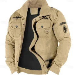 Outlet OUKU Men's Cotton Embroidered Military Jacket Cargo Jacket with Shoulder Straps Long Sleeve Standing Collar Multi-Pockets Coat Trucker Jacket 1776 Letter Print Tactical Outerwear