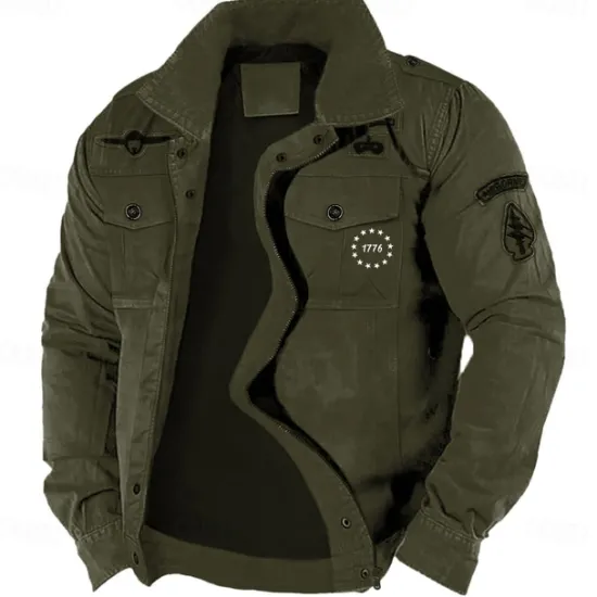 Outlet OUKU Men's Cotton Embroidered Military Jacket Cargo Jacket with Shoulder Straps Long Sleeve Standing Collar Multi-Pockets Coat Trucker Jacket 1776 Letter Print Tactical Outerwear