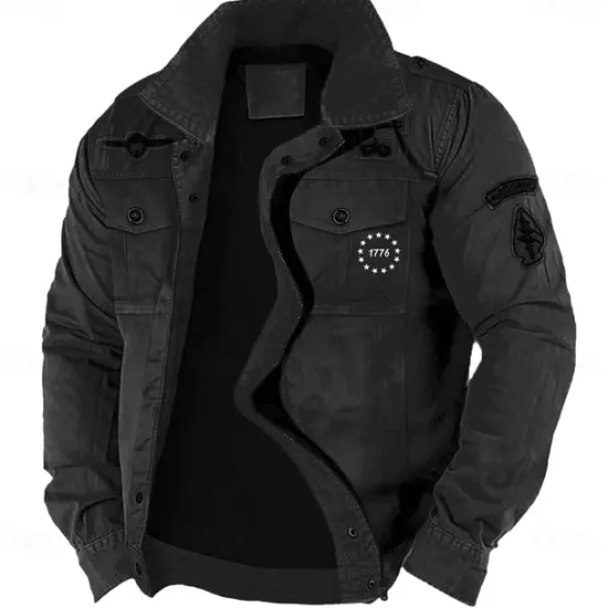 Outlet OUKU Men's Cotton Embroidered Military Jacket Cargo Jacket with Shoulder Straps Long Sleeve Standing Collar Multi-Pockets Coat Trucker Jacket 1776 Letter Print Tactical Outerwear