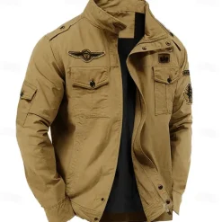 Clearance OUKU Men's Cotton Embroidered Military Jacket Cargo Jacket with Shoulder Straps Long Sleeve Standing Collar Multi-Pockets Coat Trucker Jacket Tactical Outerwear