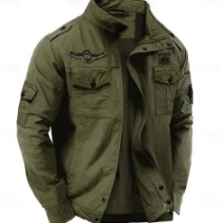 Clearance OUKU Men's Cotton Embroidered Military Jacket Cargo Jacket with Shoulder Straps Long Sleeve Standing Collar Multi-Pockets Coat Trucker Jacket Tactical Outerwear