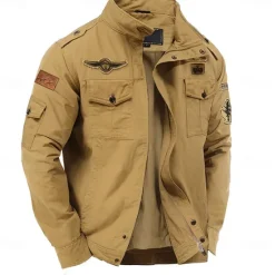 Online OUKU Men's Cotton Embroidered Military Jacket Windbreaker with Shoulder Straps Long Sleeve Standing Collar Multi-Pockets Trucker Jacket Mountain Print Tactical Outerwear