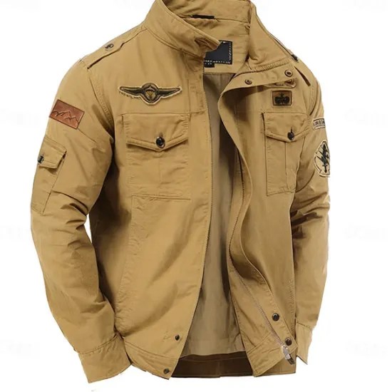 Online OUKU Men's Cotton Embroidered Military Jacket Windbreaker with Shoulder Straps Long Sleeve Standing Collar Multi-Pockets Trucker Jacket Mountain Print Tactical Outerwear